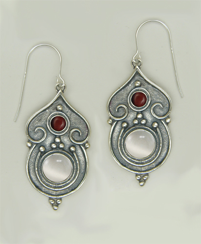 Sterling Silver Gothic Inspired Drop Dangle Earrings With White Moonstone And Red Tiger Eye